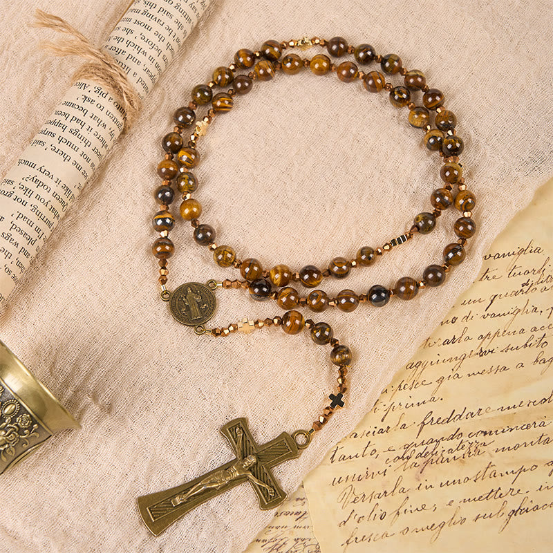 Christianartworkshop St. Benedict Medal & Crucifix of 8 mm Round Brown Tiger's Eye Alloy Chain Rosary - image 2