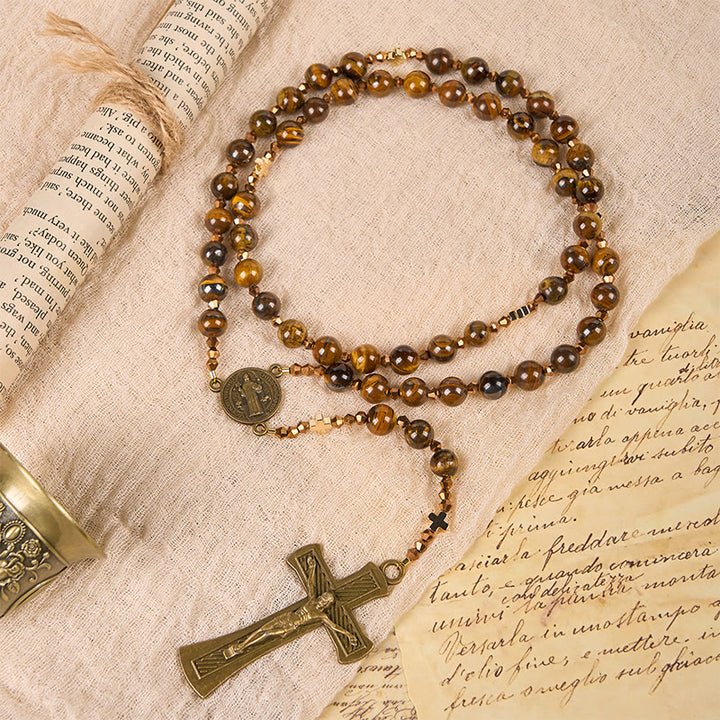 Christianartworkshop St. Benedict Medal & Crucifix of 8 mm Round Brown Tiger's Eye Alloy Chain Rosary - image 2