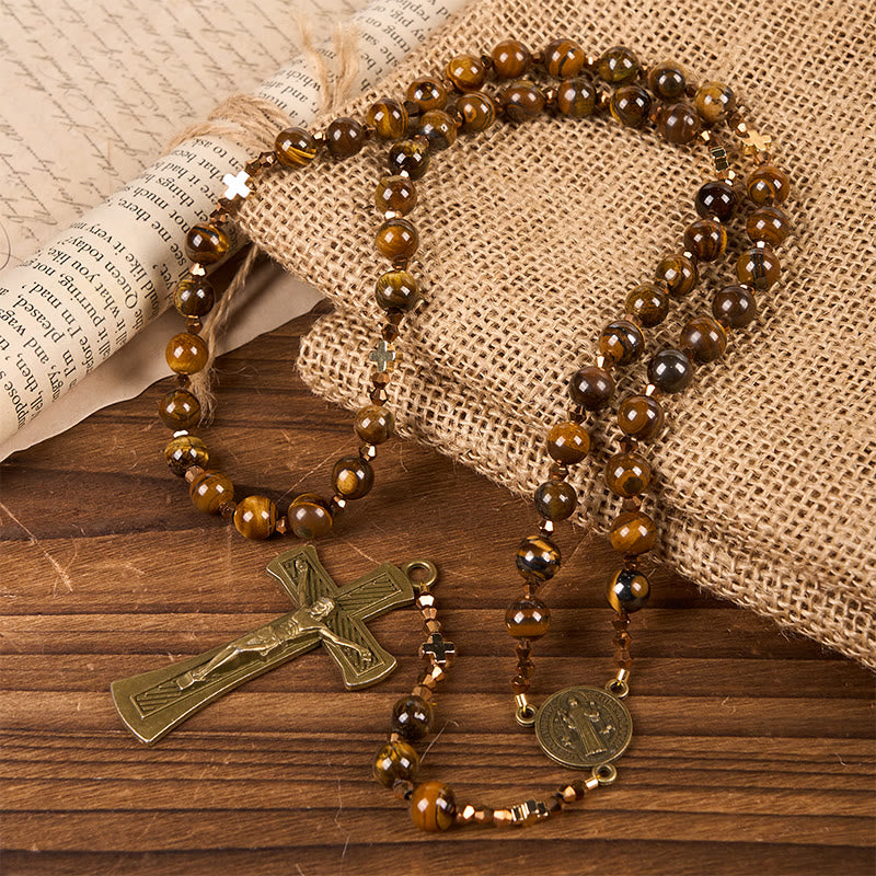 Christianartworkshop St. Benedict Medal & Crucifix of 8 mm Round Brown Tiger's Eye Alloy Chain Rosary - St. Benedict Medal & Crucifix - image 1