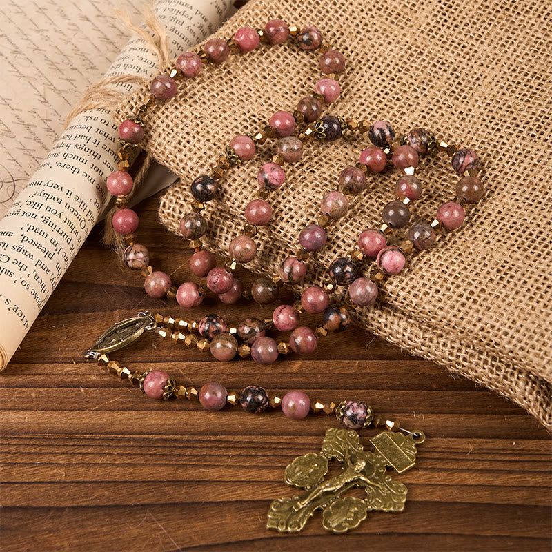 Christianartworkshop Vintage-Inspired Rosary with Pink Rhodonite - Journey with Christ - image 2