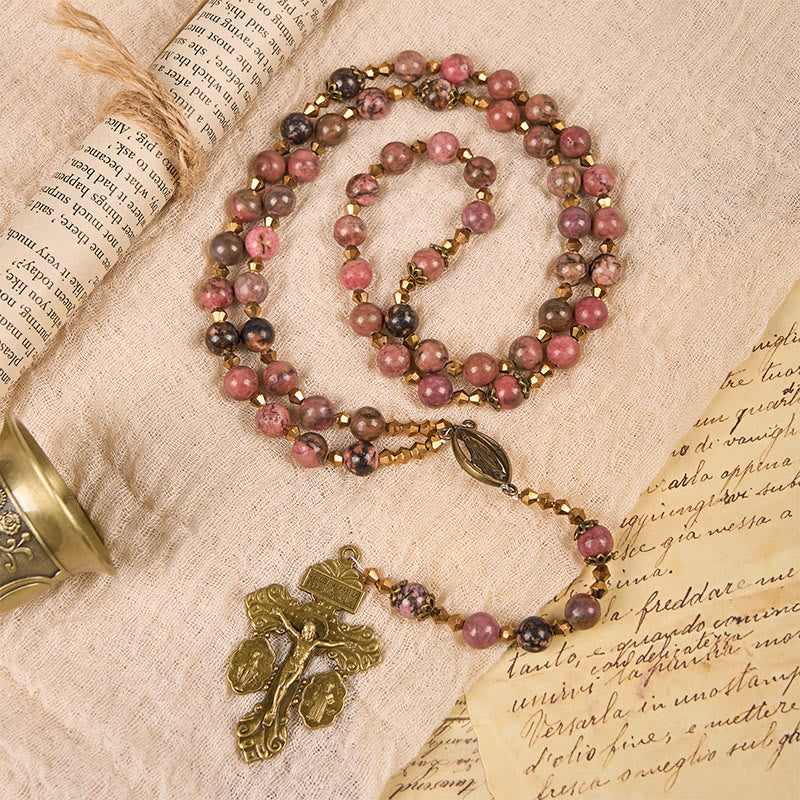 Christianartworkshop Vintage-Inspired Rosary with Pink Rhodonite - Journey with Christ - Vintage-Inspired Rosary - image 1