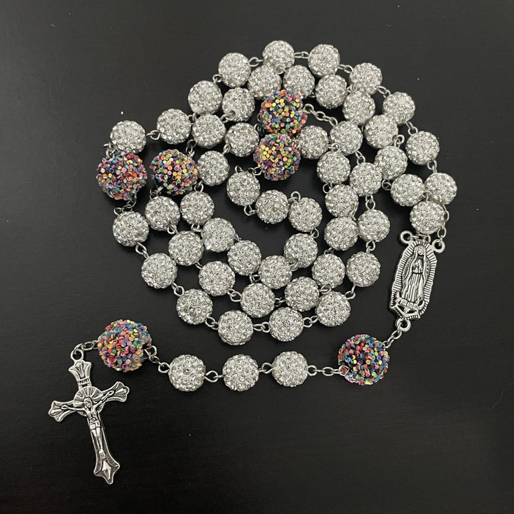 Christianartworkshop Our Lady of Guadalupe & Crucifix of 10mm Round White Rhinestone Alloy Chain Rosary - Our Lady of Guadalupe & Crucifix - image 1