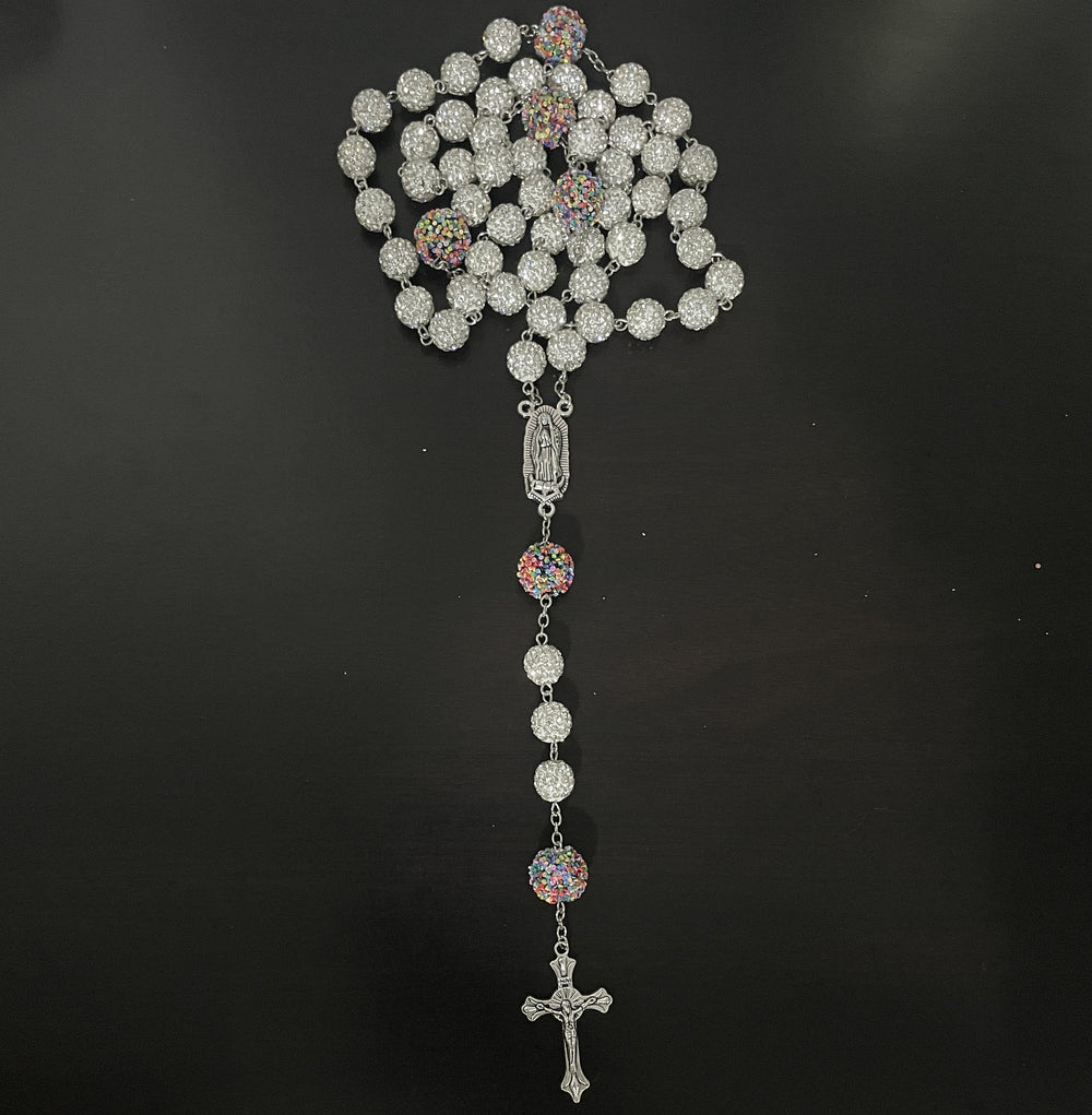 Christianartworkshop Our Lady of Guadalupe & Crucifix of 10mm Round White Rhinestone Alloy Chain Rosary - image 2