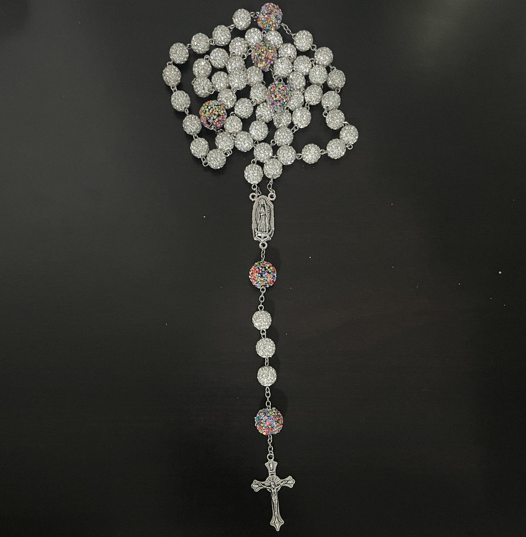 Christianartworkshop Our Lady of Guadalupe & Crucifix of 10mm Round White Rhinestone Alloy Chain Rosary - image 2