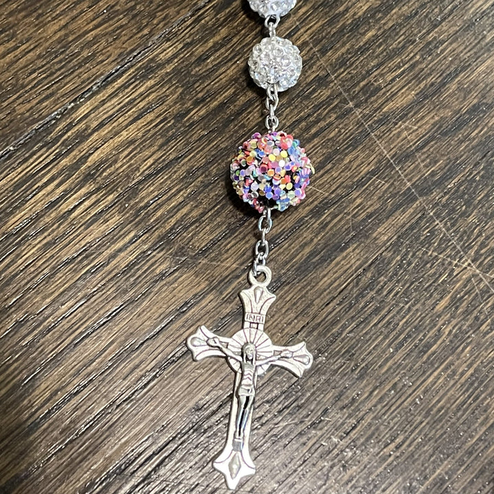 Christianartworkshop Our Lady of Guadalupe & Crucifix of 10mm Round White Rhinestone Alloy Chain Rosary - image 6