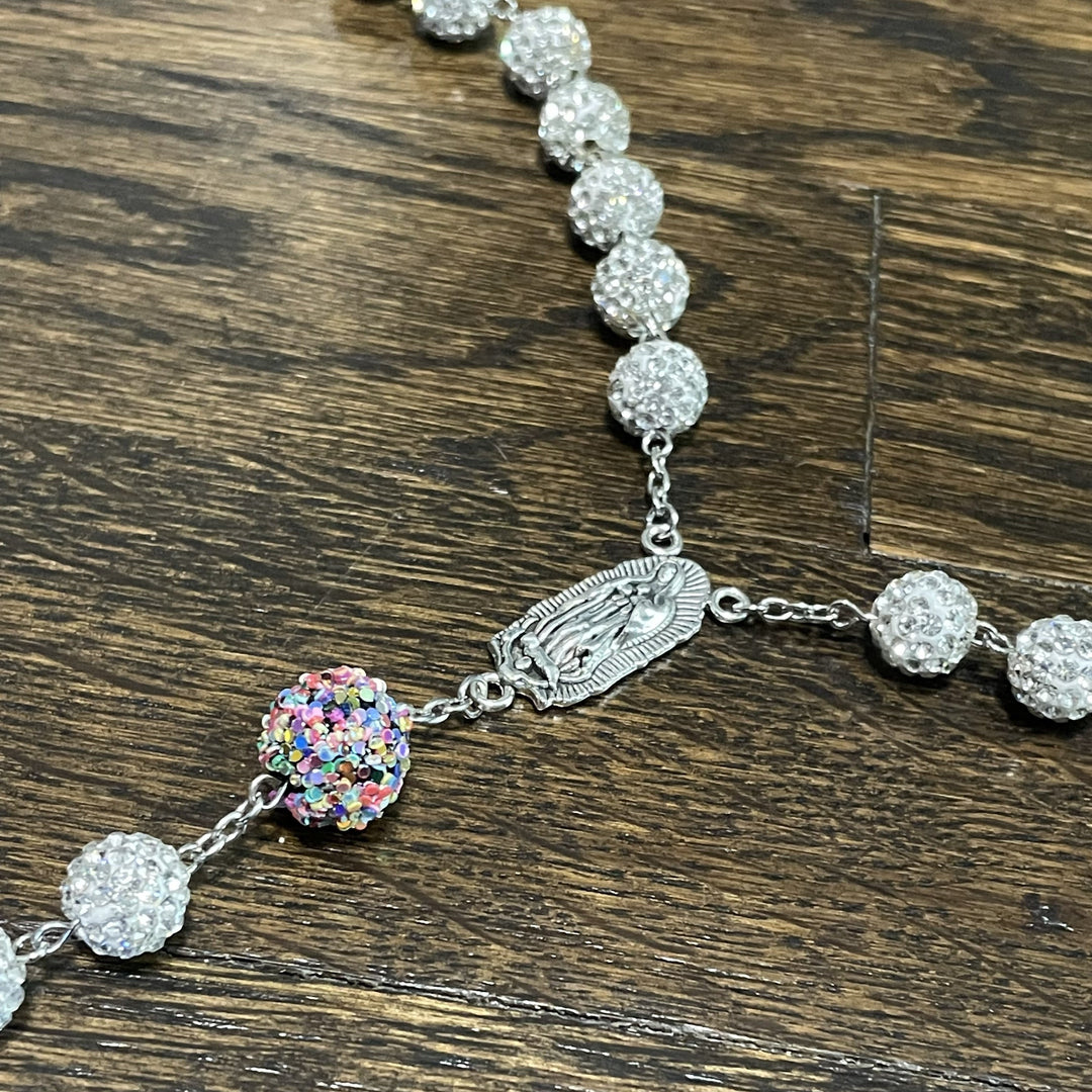 Christianartworkshop Our Lady of Guadalupe & Crucifix of 10mm Round White Rhinestone Alloy Chain Rosary - image 4