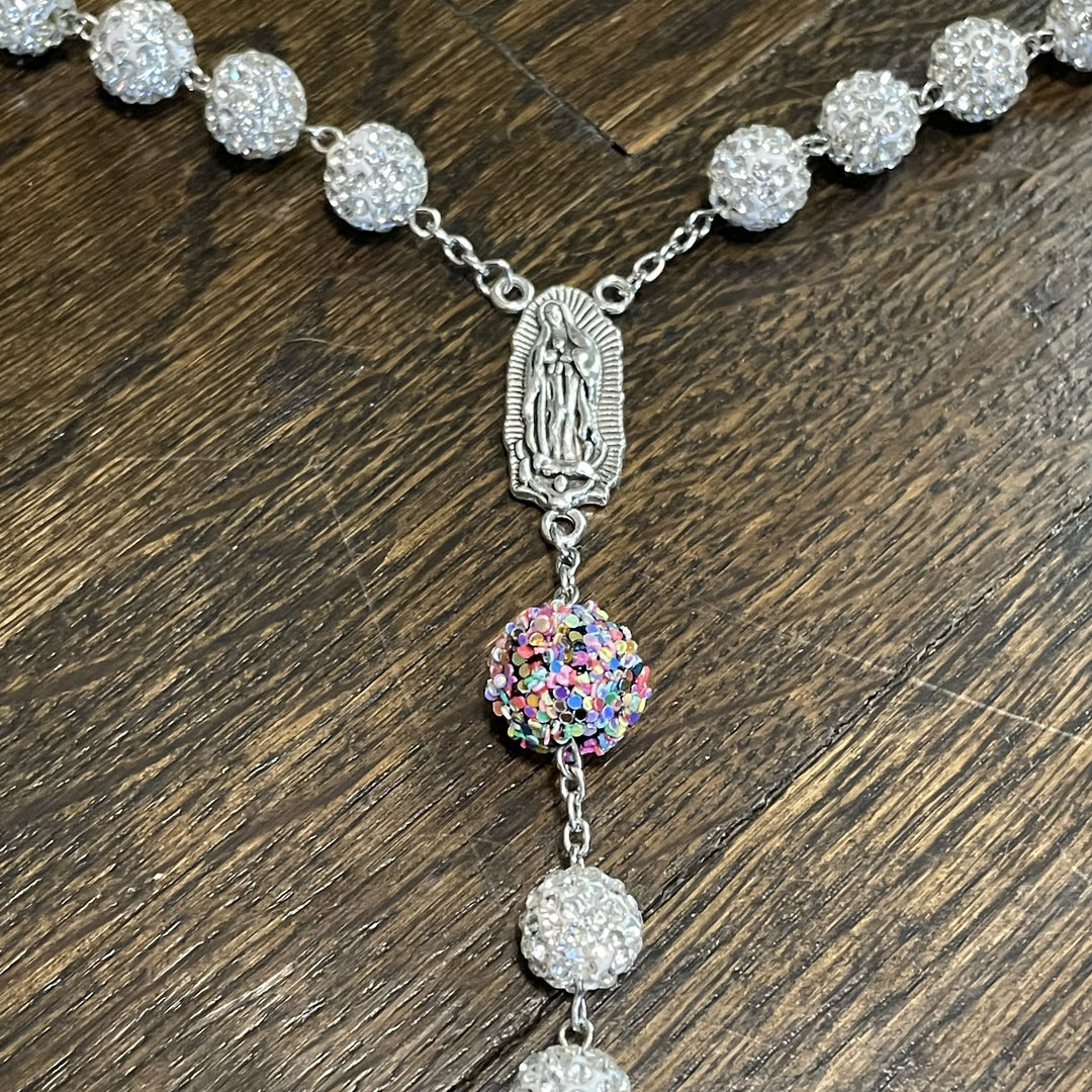 Christianartworkshop Our Lady of Guadalupe & Crucifix of 10mm Round White Rhinestone Alloy Chain Rosary - image 5