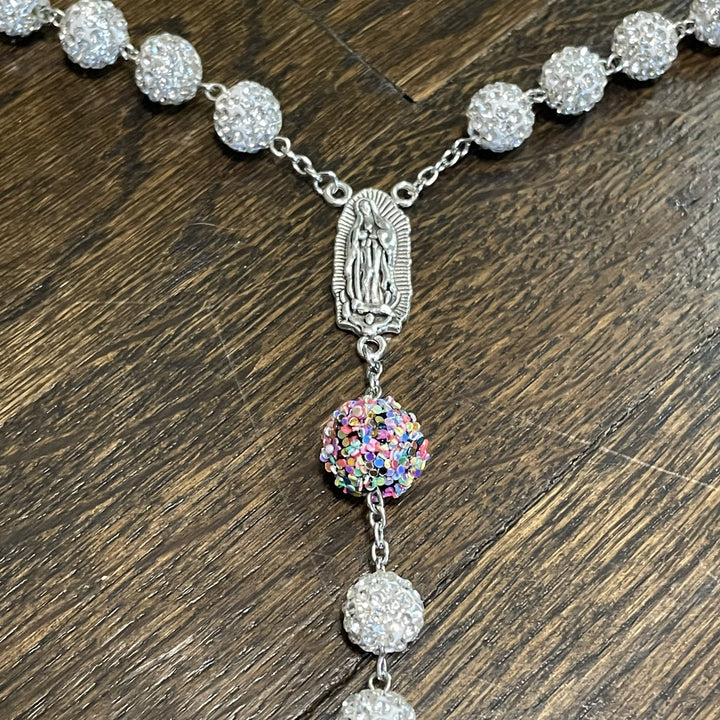 Christianartworkshop Our Lady of Guadalupe & Crucifix of 10mm Round White Rhinestone Alloy Chain Rosary - image 5