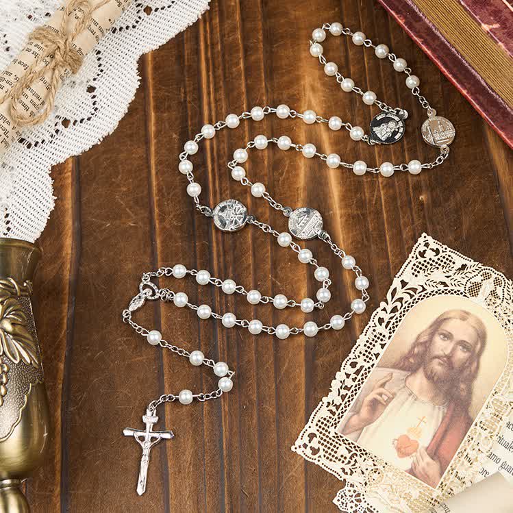 Christianartworkshop Crucifix & Our Lady of 8mm Pearl Prayer Beads Rosary (3 Colors) - White - image 1