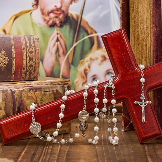 Christianartworkshop Crucifix & Our Lady of 8mm Pearl Prayer Beads Rosary (3 Colors) - Pearlescent - image 3
