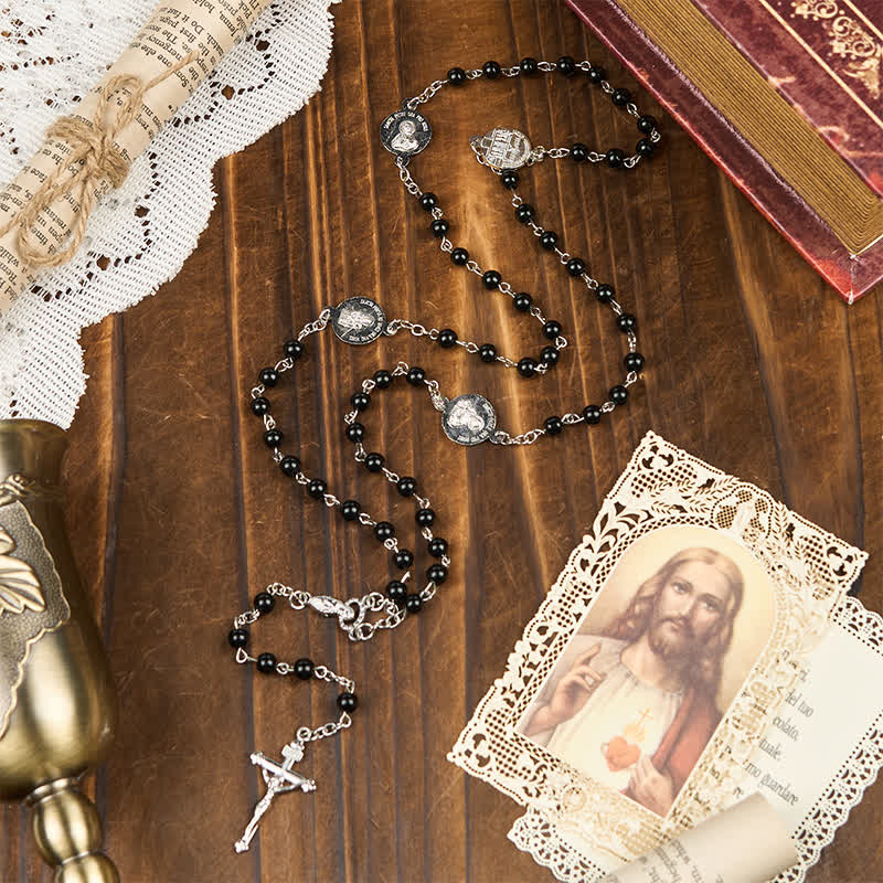 Christianartworkshop Crucifix & Our Lady of 8mm Pearl Prayer Beads Rosary (3 Colors) - Black - image 2