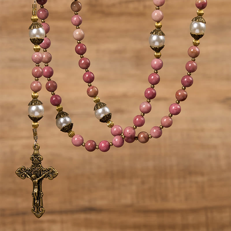 Christianartworkshop Miraculous Medal & Crucifix of 8mm Natural Red Wood Vein Stone Handmade Rosary Beads - image 4