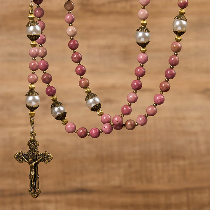 Christianartworkshop Miraculous Medal & Crucifix of 8mm Natural Red Wood Vein Stone Handmade Rosary Beads - image 4