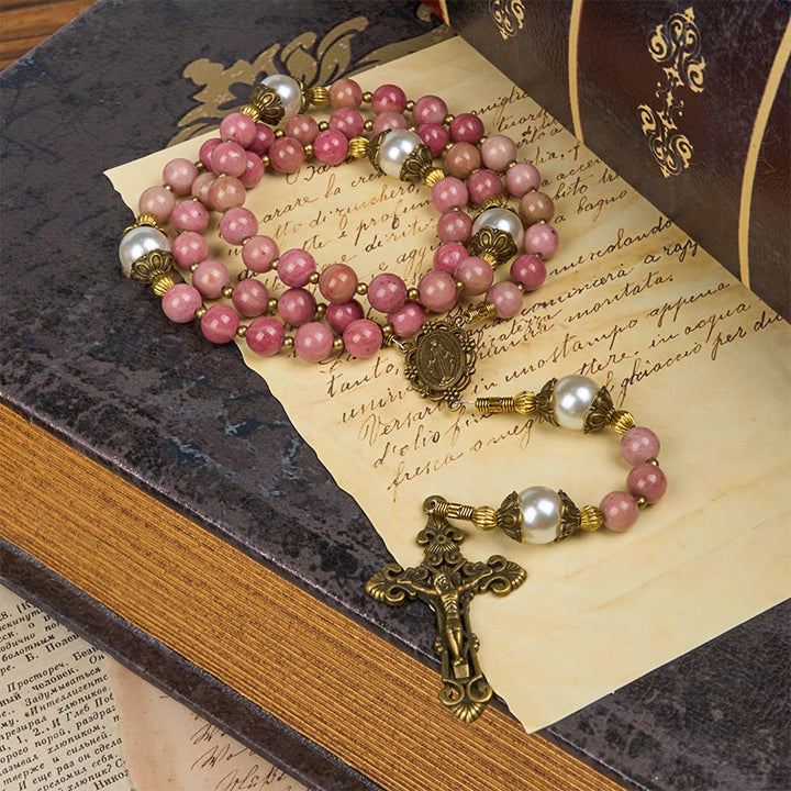 Christianartworkshop Miraculous Medal & Crucifix of 8mm Natural Red Wood Vein Stone Handmade Rosary Beads - image 12