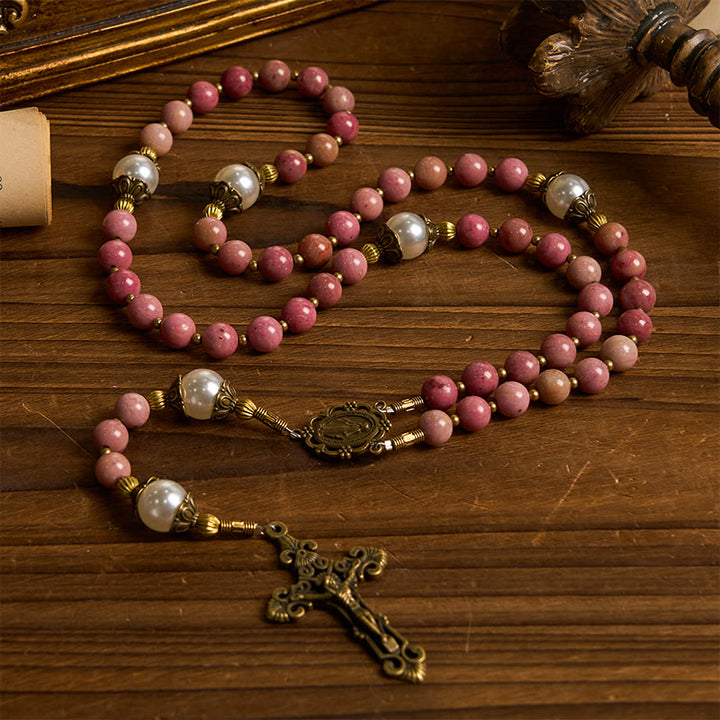 Christianartworkshop Miraculous Medal & Crucifix of 8mm Natural Red Wood Vein Stone Handmade Rosary Beads - image 3