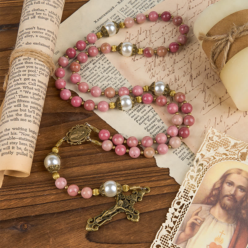Christianartworkshop Miraculous Medal & Crucifix of 8mm Natural Red Wood Vein Stone Handmade Rosary Beads - image 6