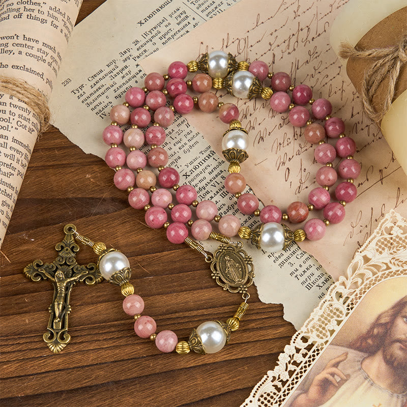 Christianartworkshop Miraculous Medal & Crucifix of 8mm Natural Red Wood Vein Stone Handmade Rosary Beads - image 2