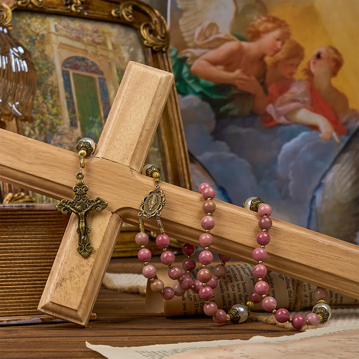 Christianartworkshop Miraculous Medal & Crucifix of 8mm Natural Red Wood Vein Stone Handmade Rosary Beads - image 11