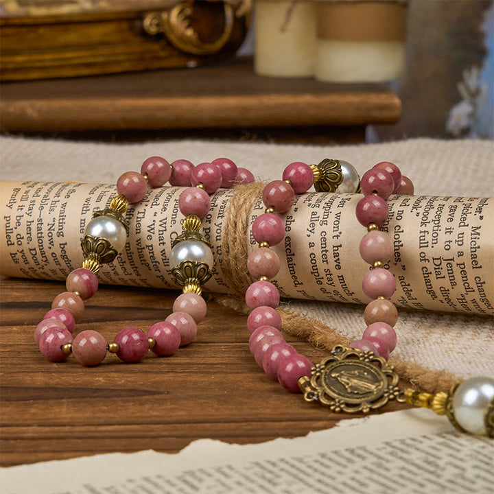 Christianartworkshop Miraculous Medal & Crucifix of 8mm Natural Red Wood Vein Stone Handmade Rosary Beads - image 7