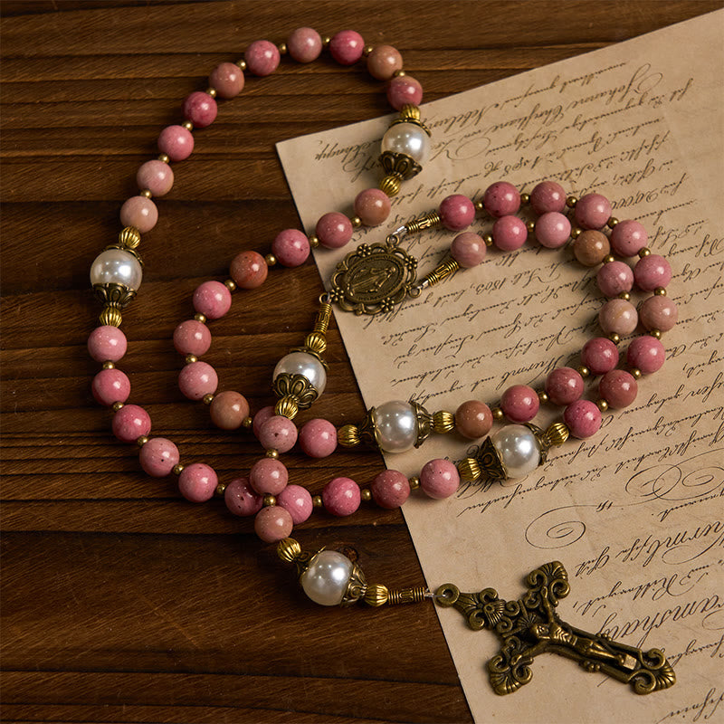 Christianartworkshop Miraculous Medal & Crucifix of 8mm Natural Red Wood Vein Stone Handmade Rosary Beads - image 5