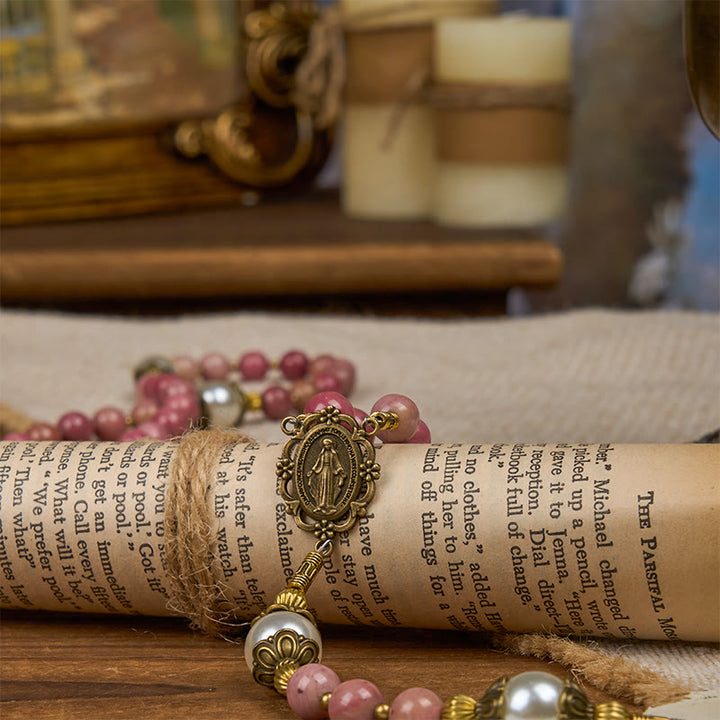 Christianartworkshop Miraculous Medal & Crucifix of 8mm Natural Red Wood Vein Stone Handmade Rosary Beads - image 8