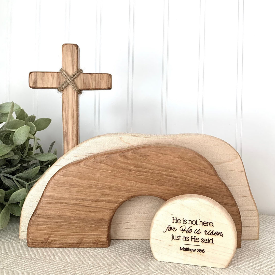 Christianartworkshop He is Risen: Rustic Wooden Easter Resurrection Decor Set with Scripture Wall Art - Easter Tiered Tray Decor - image 1