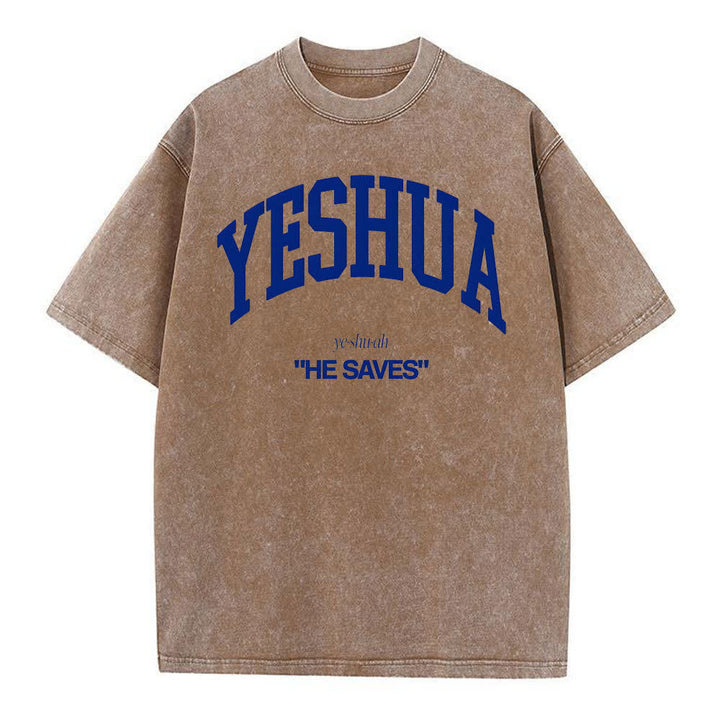 Christianartworkshop Yeshua "He Saves" Washed T-Shirt - Coffee - 4XL - image 8