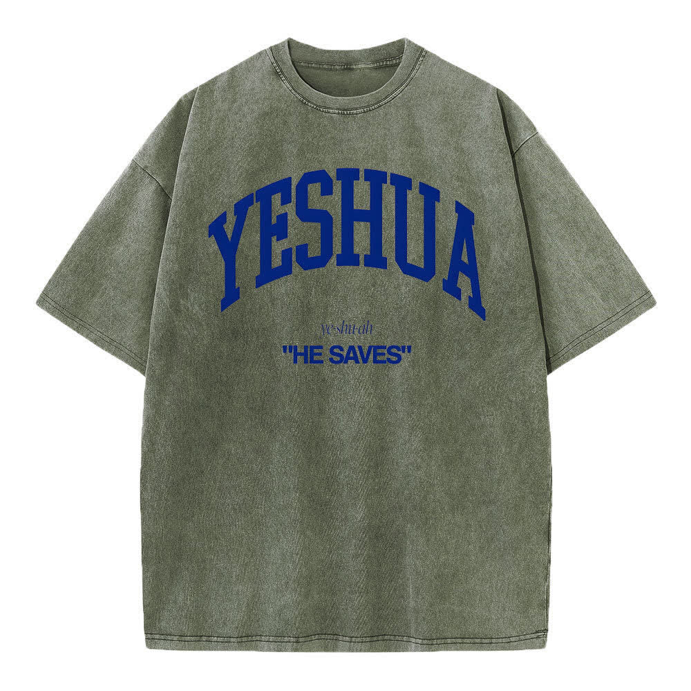 Christianartworkshop Yeshua "He Saves" Washed T-Shirt - Army Green - 4XL - image 4