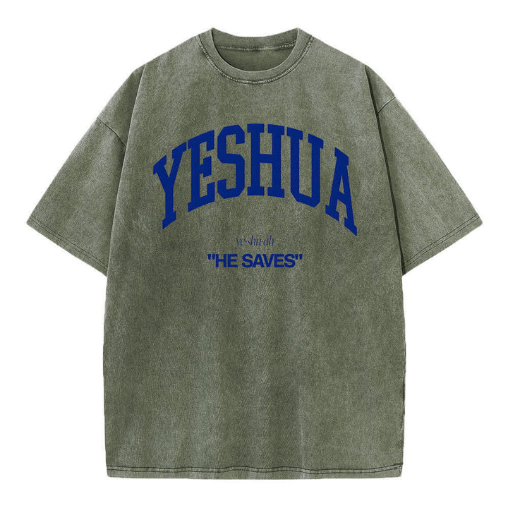 Christianartworkshop Yeshua "He Saves" Washed T-Shirt - Army Green - 4XL - image 4
