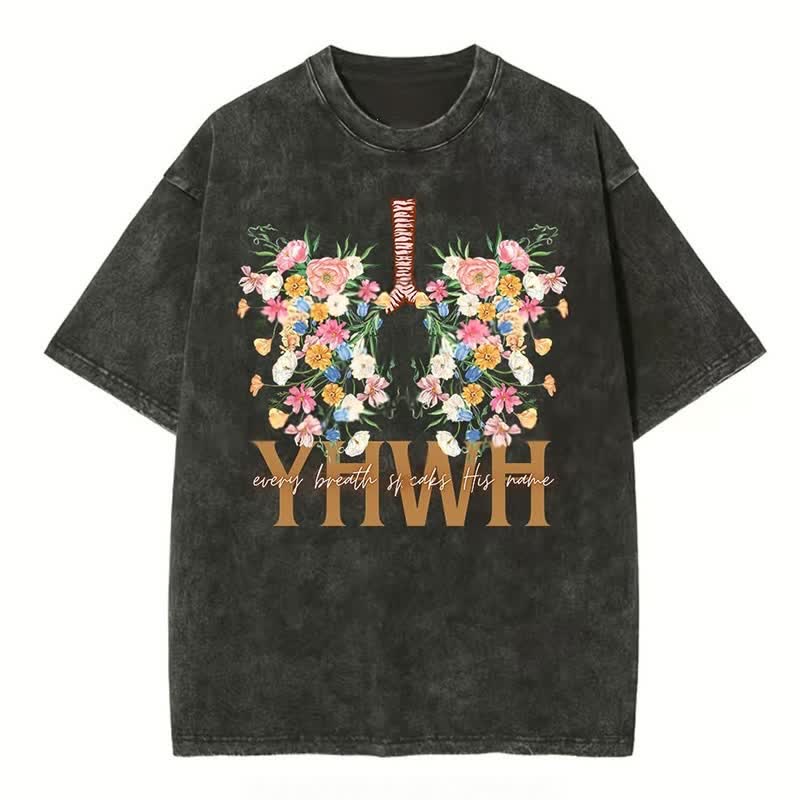 Christianartworkshop  YHWH Floral Design Washed T-Shirt - Black - 4XL - image 3