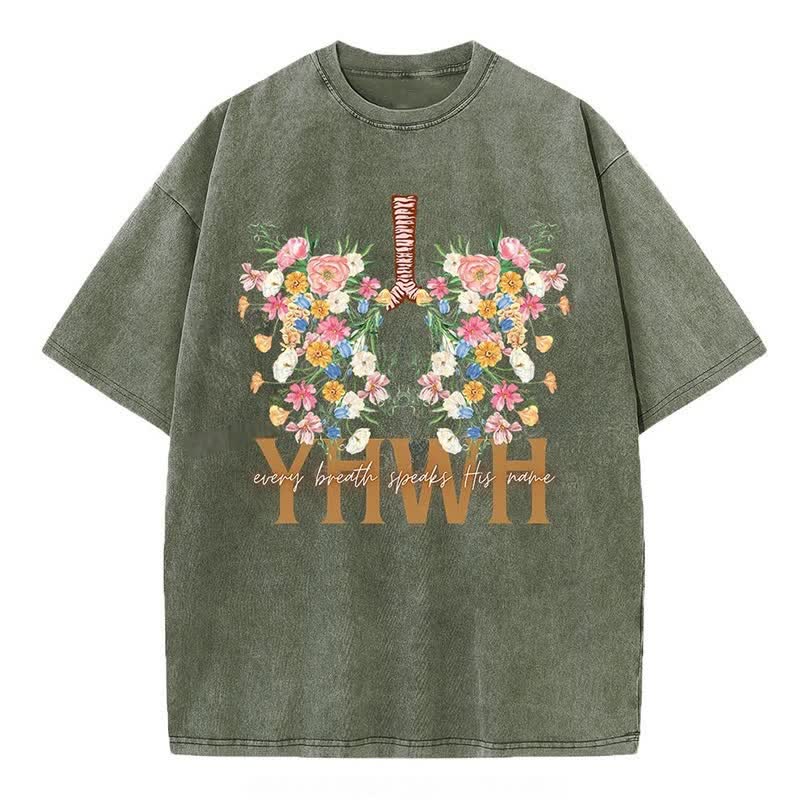 Christianartworkshop  YHWH Floral Design Washed T-Shirt - Army Green - 4XL - image 1