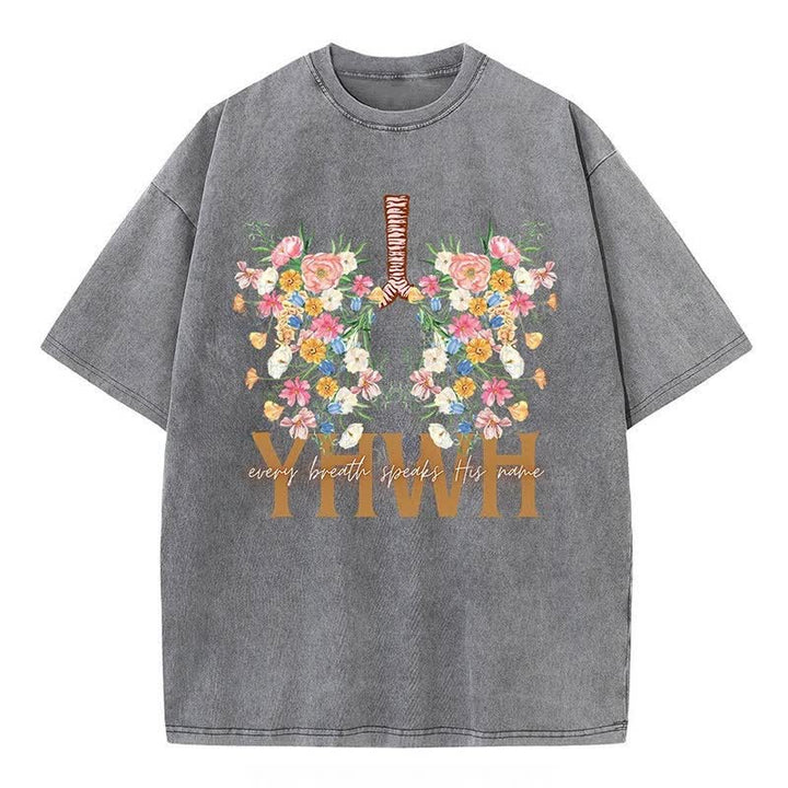 Christianartworkshop  YHWH Floral Design Washed T-Shirt - Grey - 4XL - image 4