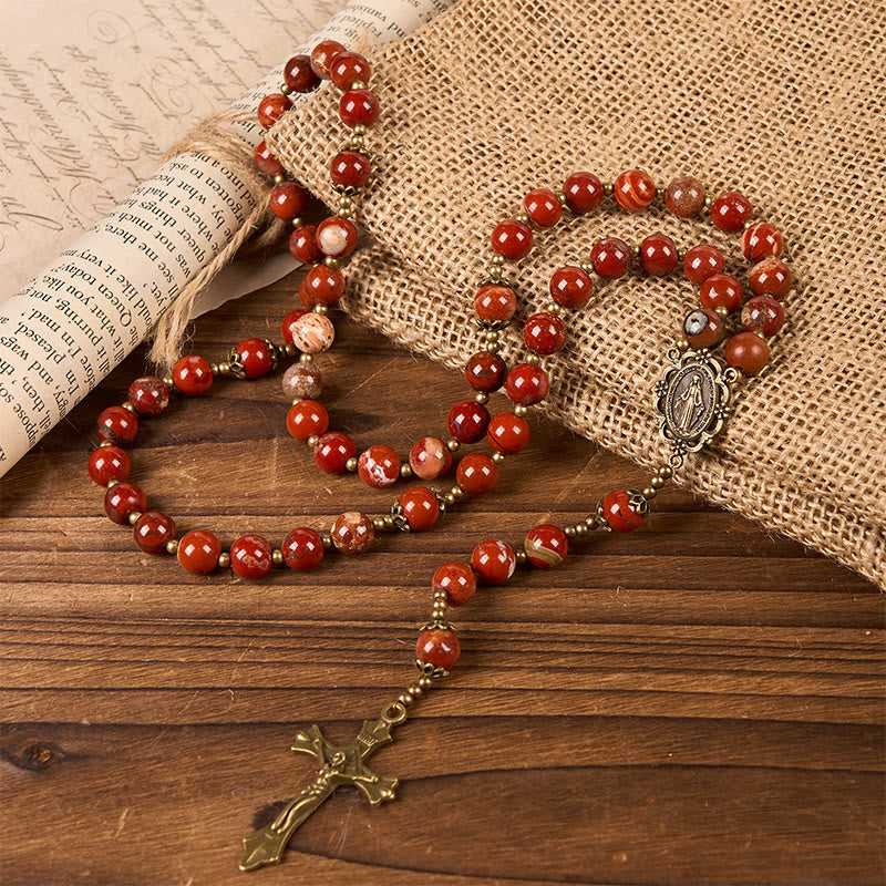 Christianartworkshop Handmade 8mm Red Jasper Gemstone Rosary with Miraculous Medal & Crucifix - Miraculous Medal & Crucifix - image 1