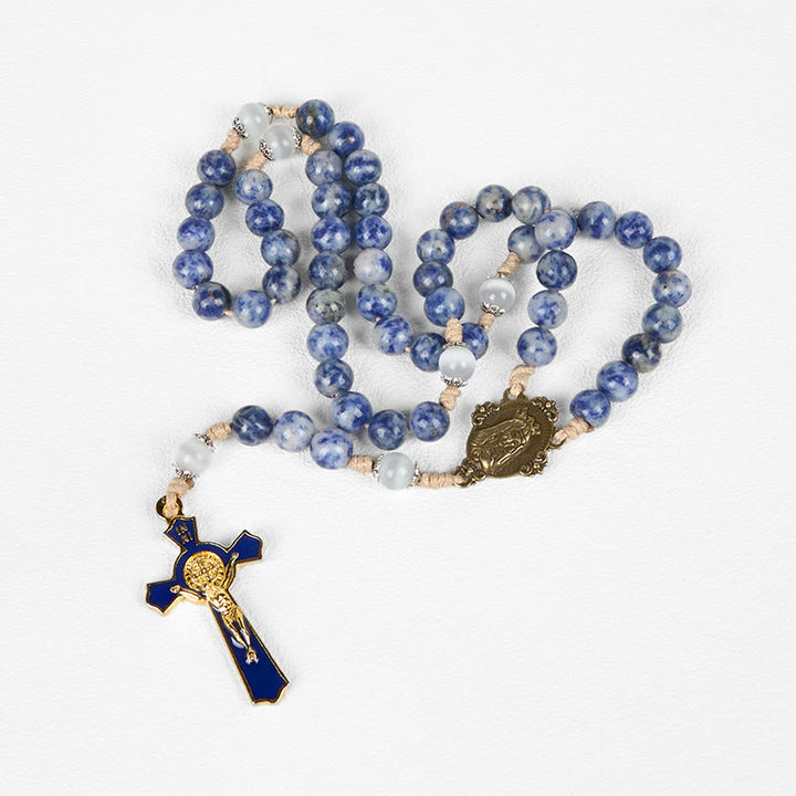Immaculate Heart of Mary & Crucifix of 8 mm Round Blue Stone Nylon Cord Rosary - image 11