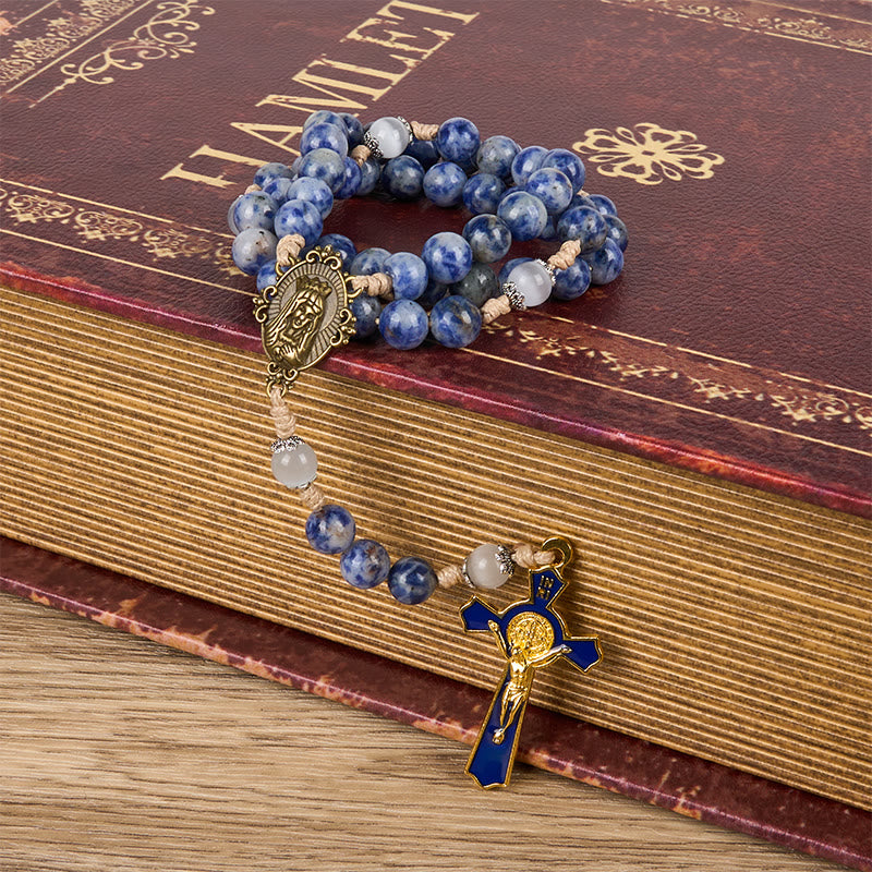 Immaculate Heart of Mary & Crucifix of 8 mm Round Blue Stone Nylon Cord Rosary - image 6