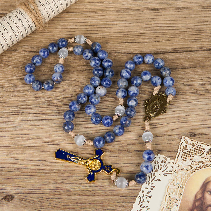 Immaculate Heart of Mary & Crucifix of 8 mm Round Blue Stone Nylon Cord Rosary - Immaculate Heart of Mary & Crucifix - image 1