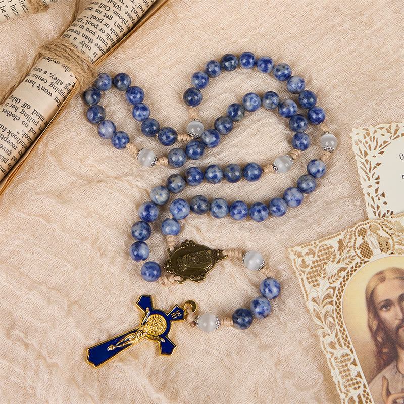 Immaculate Heart of Mary & Crucifix of 8 mm Round Blue Stone Nylon Cord Rosary - image 2
