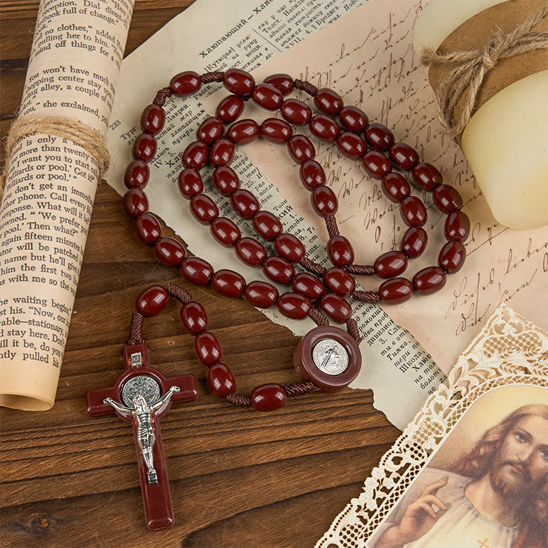 Christianartworkshop St. Benedict & Crucifix of 8*10mm Oval Bead Rosary - Three Timeless Colors - Coffee - image 1