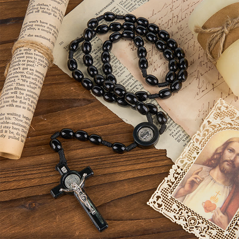 Christianartworkshop St. Benedict & Crucifix of 8*10mm Oval Bead Rosary - Three Timeless Colors - image 1