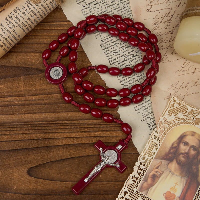 Christianartworkshop St. Benedict & Crucifix of 8*10mm Oval Bead Rosary - Three Timeless Colors - Wine - image 2