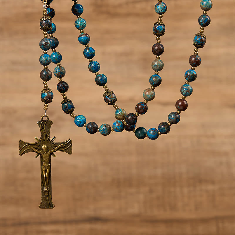 Christianartworkshop Blue Pattern Beads Handmade Rosary: Miraculous Medal & Crucifix of 8mm Authentic Larimar Stone - image 5