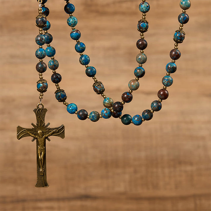 Christianartworkshop Blue Pattern Beads Handmade Rosary: Miraculous Medal & Crucifix of 8mm Authentic Larimar Stone - image 5
