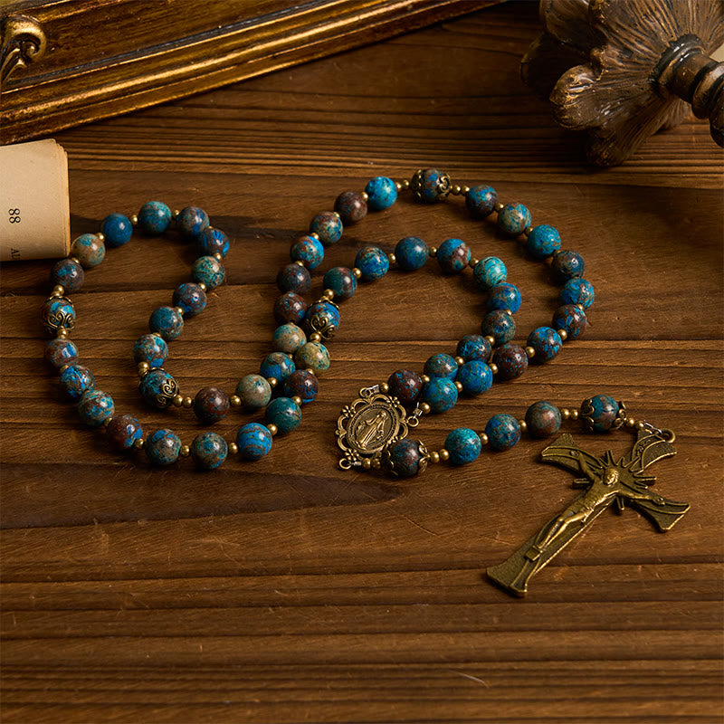 Christianartworkshop Blue Pattern Beads Handmade Rosary: Miraculous Medal & Crucifix of 8mm Authentic Larimar Stone - image 4