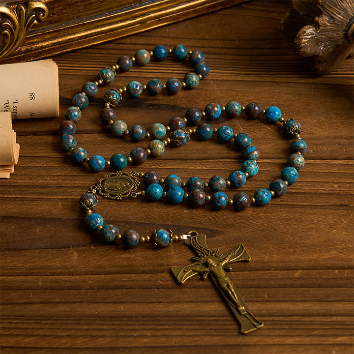 Christianartworkshop Blue Pattern Beads Handmade Rosary: Miraculous Medal & Crucifix of 8mm Authentic Larimar Stone - image 3