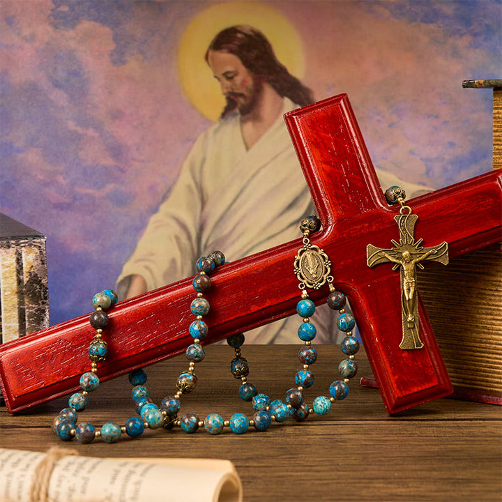 Christianartworkshop Blue Pattern Beads Handmade Rosary: Miraculous Medal & Crucifix of 8mm Authentic Larimar Stone - image 10