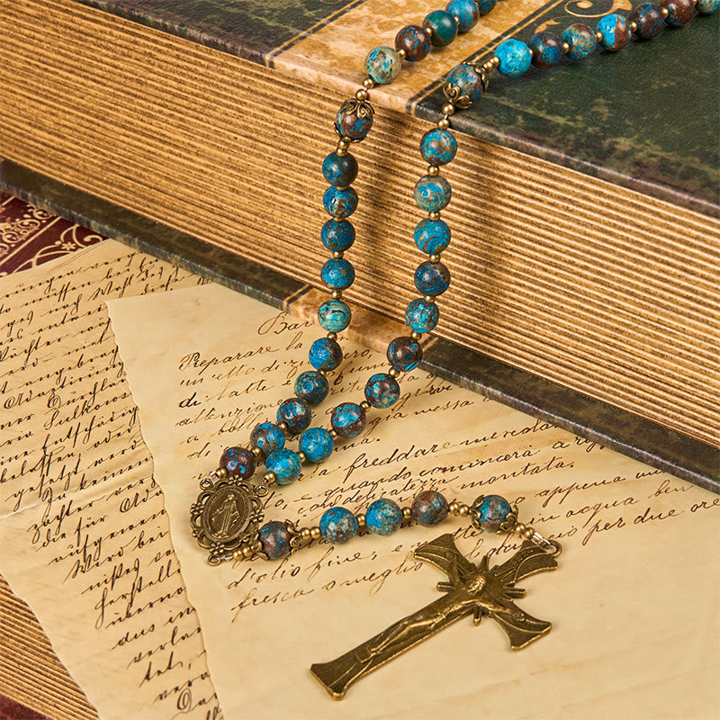 Christianartworkshop Blue Pattern Beads Handmade Rosary: Miraculous Medal & Crucifix of 8mm Authentic Larimar Stone - image 9