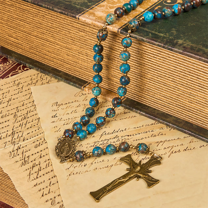 Christianartworkshop Blue Pattern Beads Handmade Rosary: Miraculous Medal & Crucifix of 8mm Authentic Larimar Stone - image 9