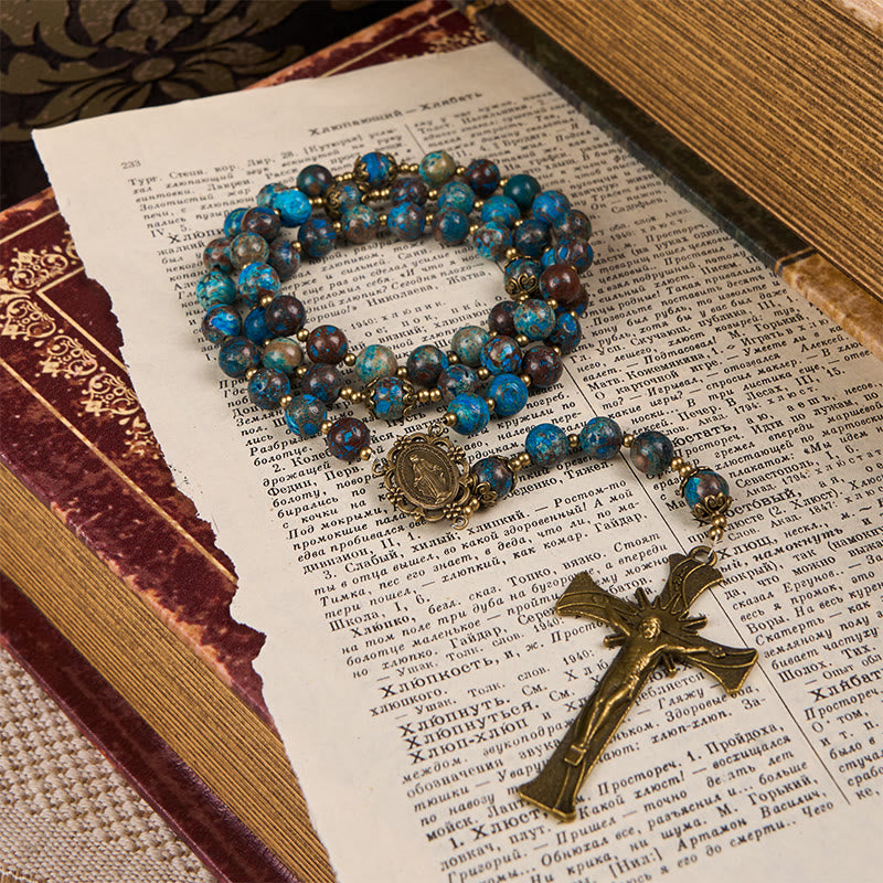 Christianartworkshop Blue Pattern Beads Handmade Rosary: Miraculous Medal & Crucifix of 8mm Authentic Larimar Stone - image 6