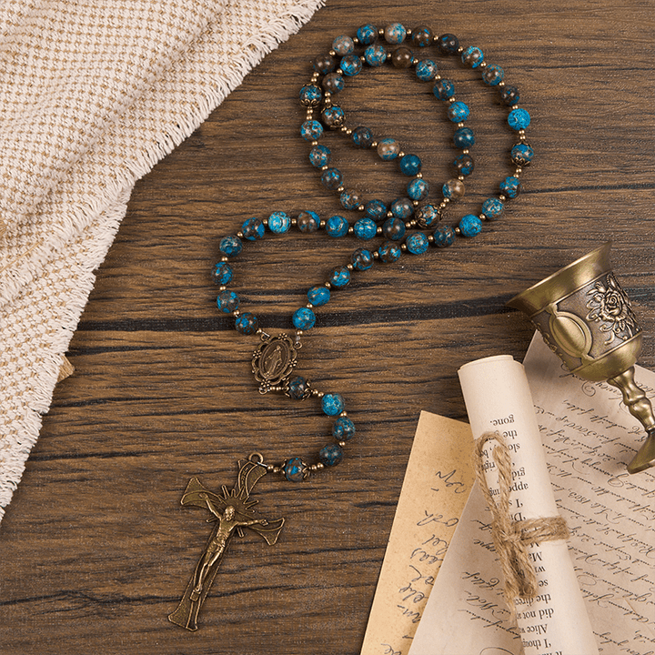 Christianartworkshop Blue Pattern Beads Handmade Rosary: Miraculous Medal & Crucifix of 8mm Authentic Larimar Stone - image 2