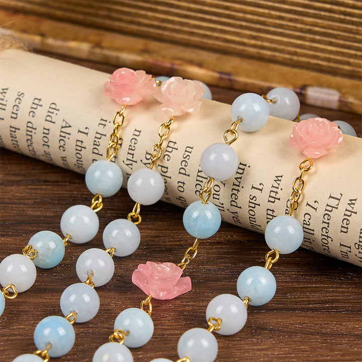 Christianartworkshop Our Lady of Guadalupe & Crucifix of 8mm Handmade Blue Aquamarine Chalcedony Beads Rosary - image 8